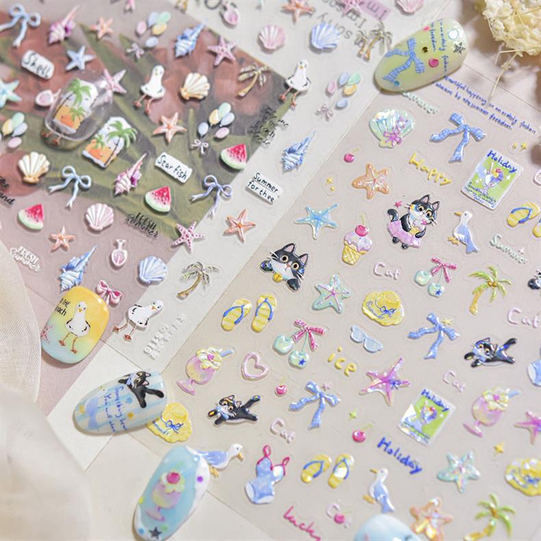 Kitten's Summer Nail Art Stickers Embossed New 3D Ins Fresh Ocean Cute Pet Nail Stickers Decoration