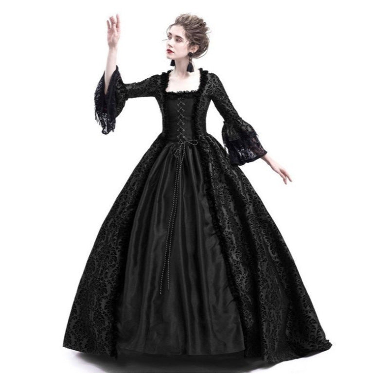 Cross-border foreign trade Halloween Victorian court dress women's long dress lace stitching bell sleeve dress women