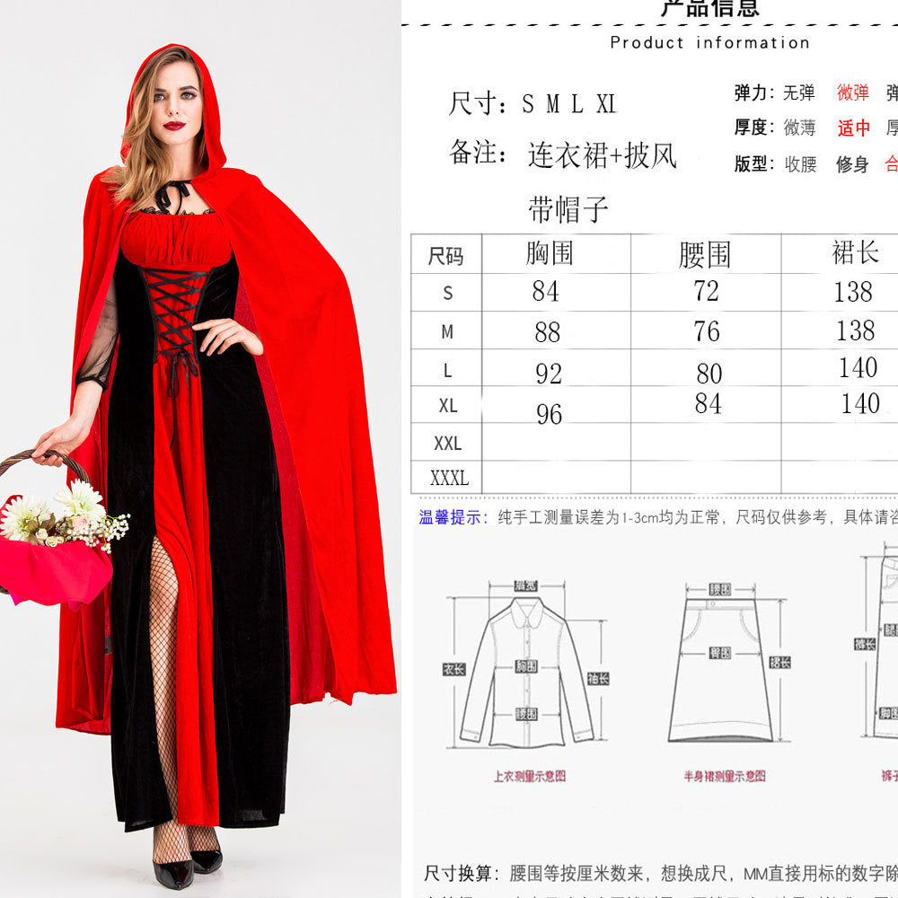 Halloween Retro Palace Dress Little Red Riding Hood Long Dress Cosplay Queen Character Performance Costume