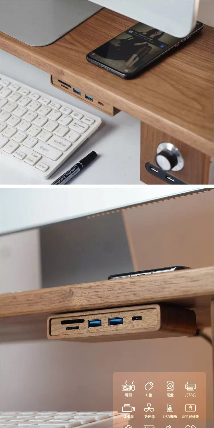 Black Walnut Wood USB Hub Under Desk Organizer Premium Desktop Riser Accessory with 3.0 Ports Multi-Device Charging Station