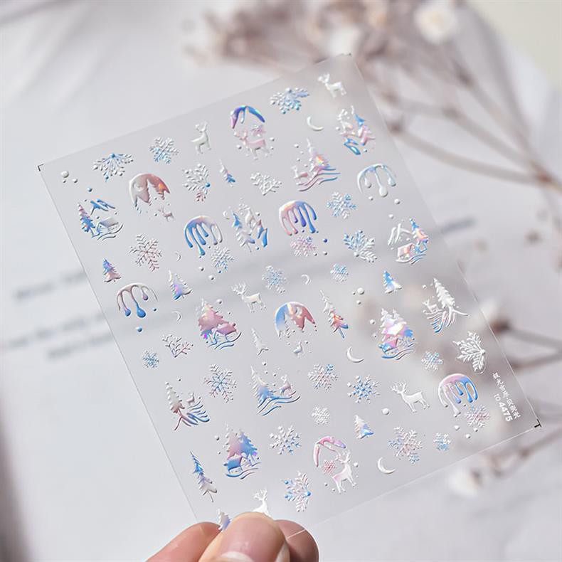Fantasy Christmas Nail Art Stickers Tomoni Embossed Adhesive Popular Ins Colorful Snowflake Nail Sticker Decorations