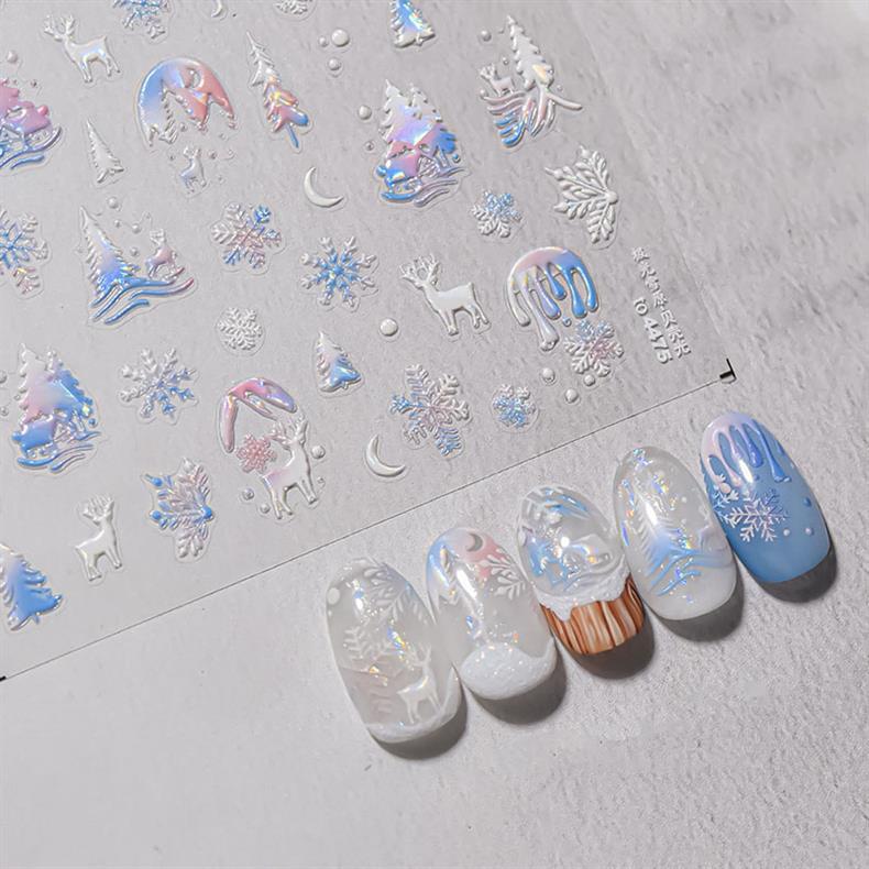 Fantasy Christmas Nail Art Stickers Tomoni Embossed Adhesive Popular Ins Colorful Snowflake Nail Sticker Decorations