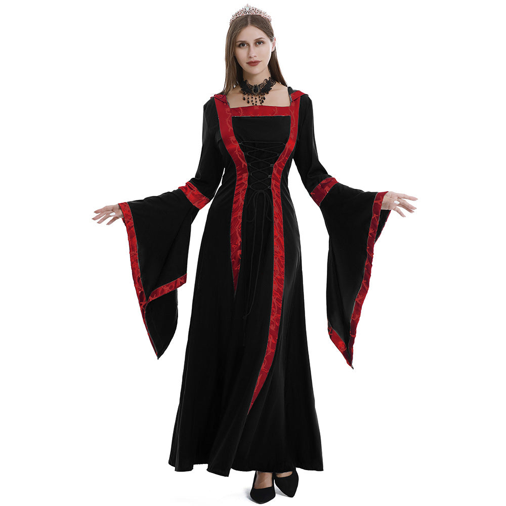 European and American Halloween Retro Medieval Hooded Dress Square Collar Lace-up Trumpet Sleeve Large Dress Stage Performance Dress