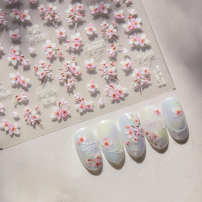 Spring Cherry Blossom Nail Stickers New Embossed 5D Three-Dimensional Japanese Style Internet Celebrity Ins Flower Nail Sticker Decorations