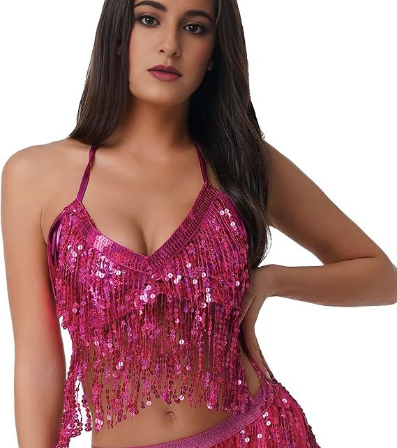 Halloween European and American sequins watch performance top belly dance tassel top DS nightclub stage sling party bra