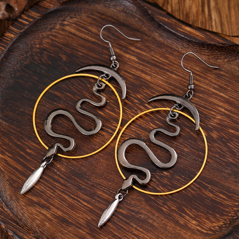 Gothic Devil's Eye Punk Earrings Halloween Accessories Ancient Silver Moon Metal Long Earrings Cross-Border
