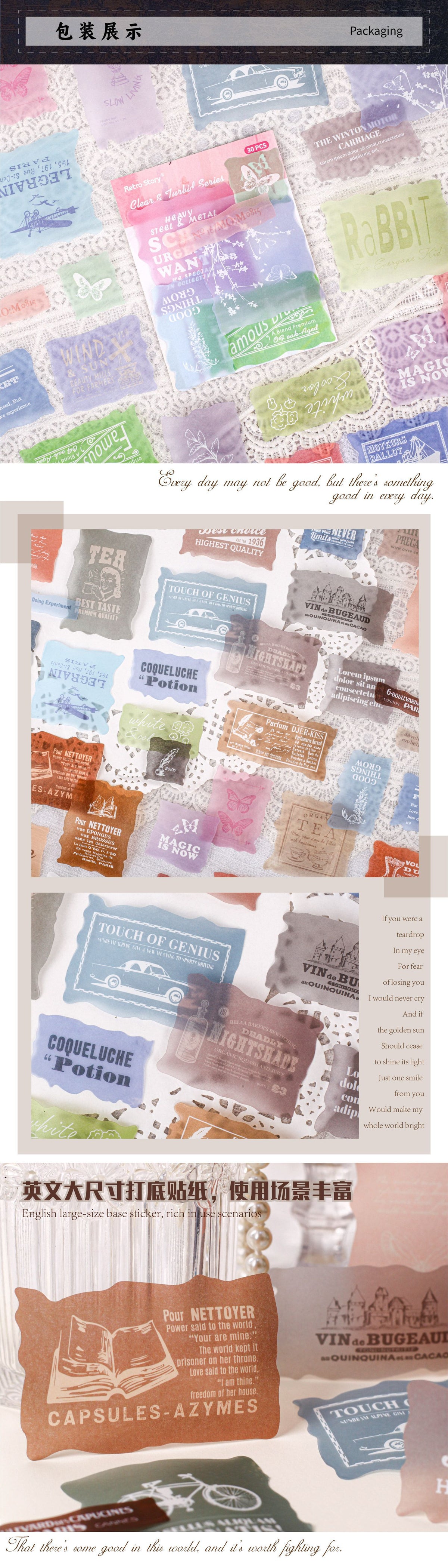 Retrostory Clear and Turbid Series Sulfuric Acid Creative Landscaping Decorative Sticker Material Pack Base Collage Journal Stickers