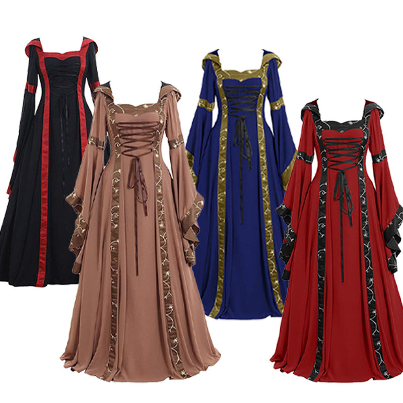 Large Size Halloween European and American Popular Women's Medieval Vintage Hooded Dress Square Collar Trumpet Sleeve Large Dress