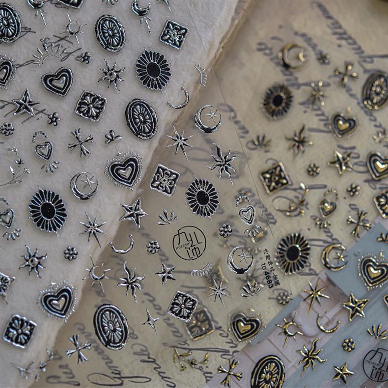 Metal Star and Moon Nail Art Stickers Embossed New 3D Stereo Popular Ins Gold and Silver Punk Nail Sticker Decorations