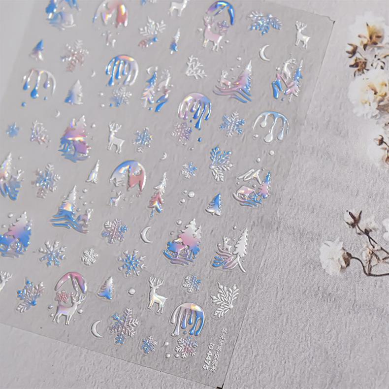 Fantasy Christmas Nail Art Stickers Tomoni Embossed Adhesive Popular Ins Colorful Snowflake Nail Sticker Decorations