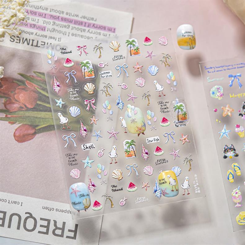 Kitten's Summer Nail Art Stickers Embossed New 3D Ins Fresh Ocean Cute Pet Nail Stickers Decoration