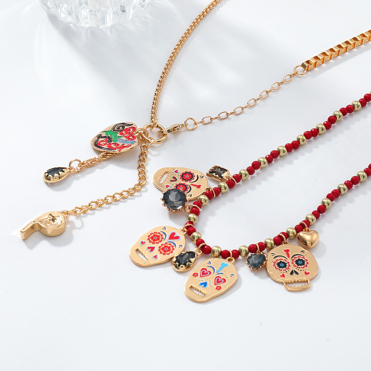 Za European and American Retro Halloween Metal Skull Heart Whistle Two-Piece Necklace Hand-Woven Cross-Border Supply