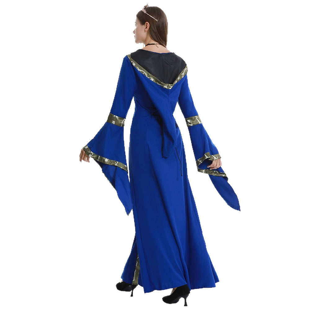 5XL Castle Queen Halloween Retro Medieval Hooded Dress Square Neck Lace-Up Swing Skirt Stage Performance