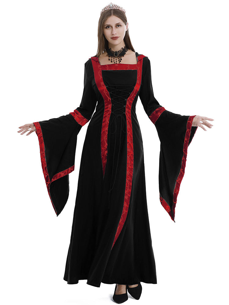 European and American Halloween Retro Medieval Hooded Dress Square Collar Lace-up Trumpet Sleeve Large Dress Stage Performance Dress