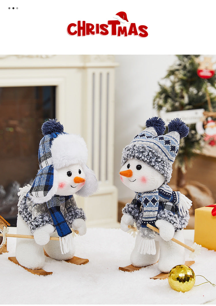 Cross Border Christmas Decorations Ski Snowman Doll Desktop Doll Blue Gauge Fabric Christmas Iron Feet Snowman Ornaments