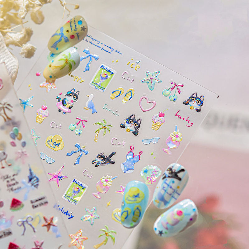 Kitten's Summer Nail Art Stickers Embossed New 3D Ins Fresh Ocean Cute Pet Nail Stickers Decoration