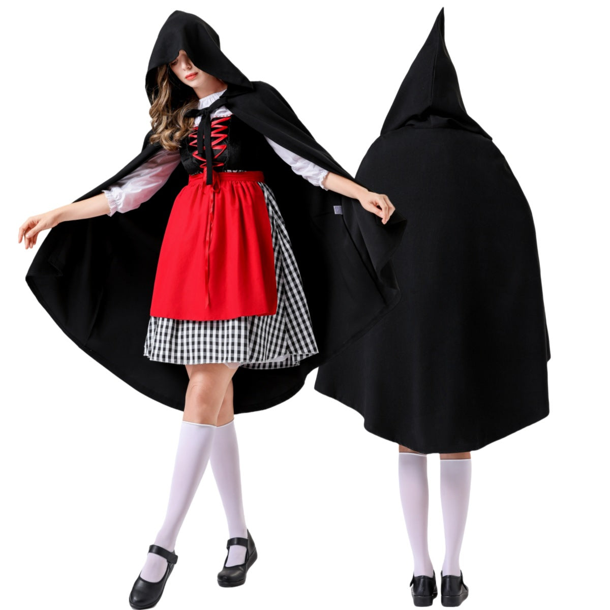 Adult Female Halloween Cosplay Little Red Riding Hood Costume Fairy Tale Role-Playing Dress Grandma Wolf Cape