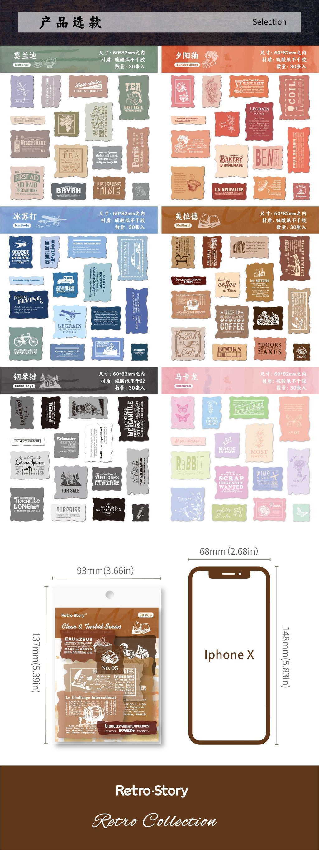 Retrostory Clear and Turbid Series Sulfuric Acid Creative Landscaping Decorative Sticker Material Pack Base Collage Journal Stickers