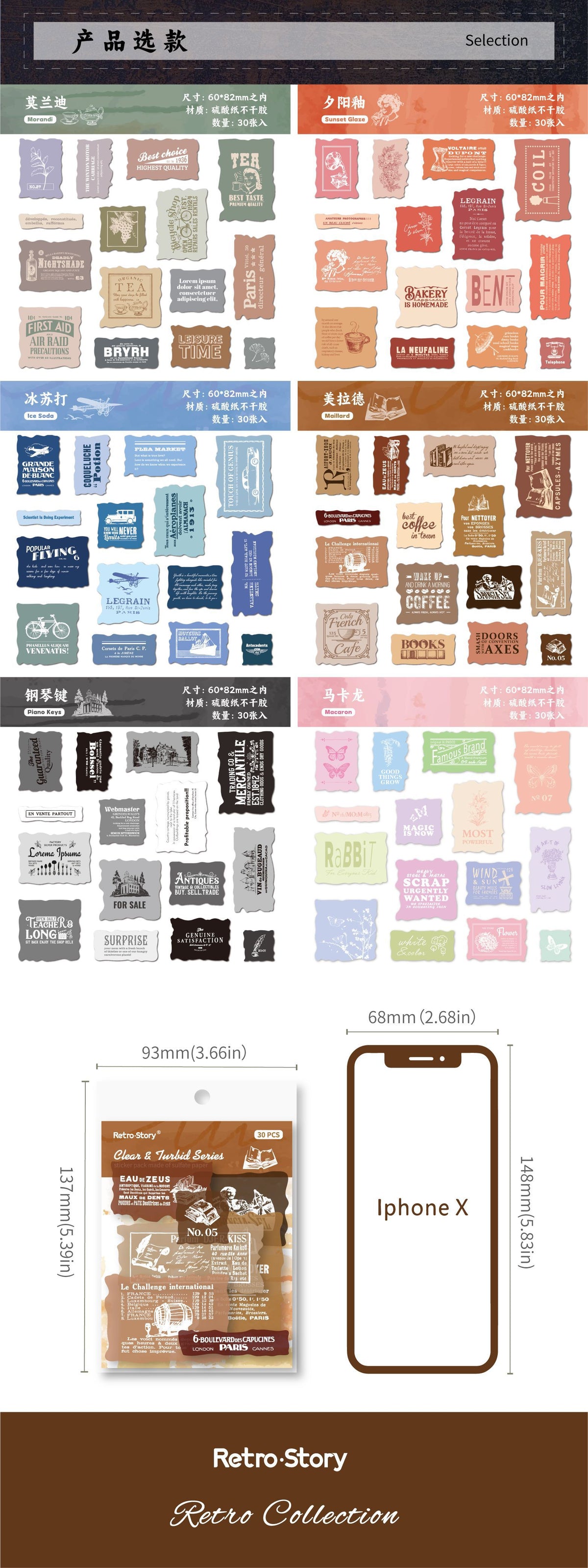 Retrostory Clear and Turbid Series Sulfuric Acid Creative Landscaping Decorative Sticker Material Pack Base Collage Journal Stickers