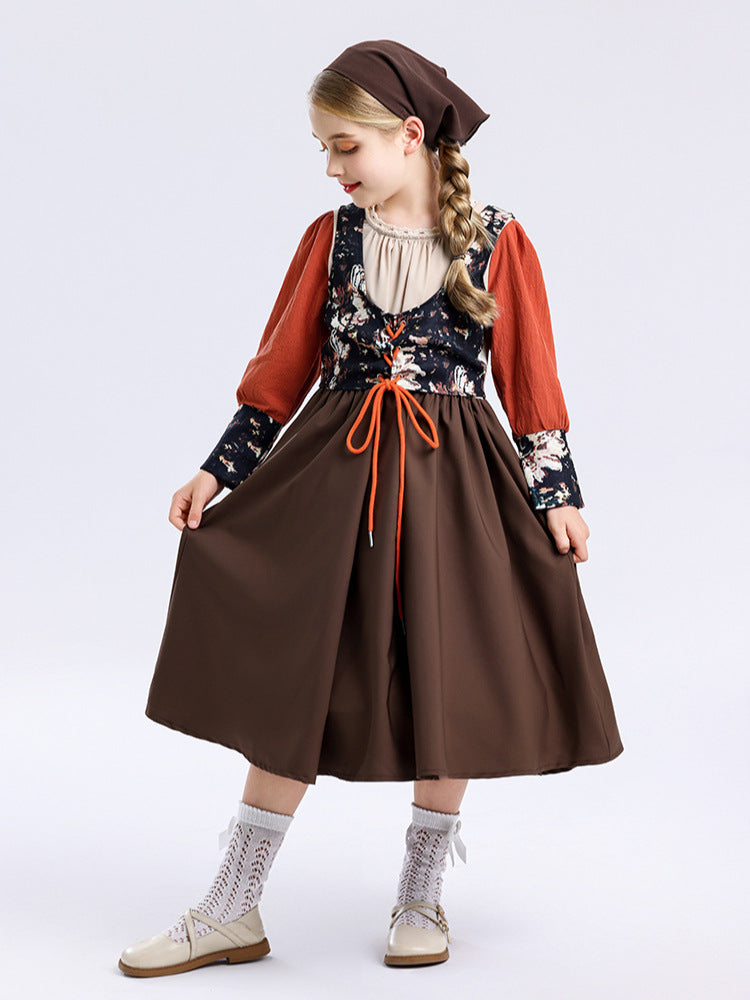 Foreign Trade Supply Medieval Pastoral Style Farm Girl Dress Retro Oil Painting Style Halloween Children's Clothing
