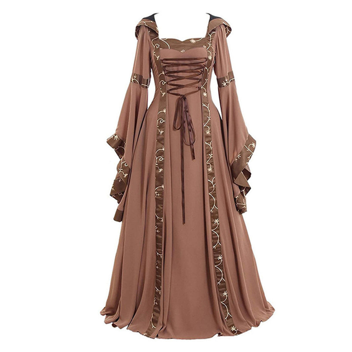 Large Size Halloween European and American Popular Women's Medieval Vintage Hooded Dress Square Collar Trumpet Sleeve Large Dress