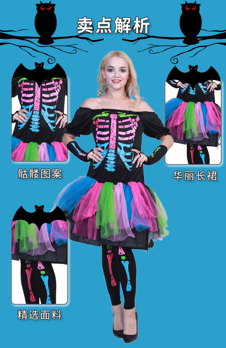 Colorful Punk Skull Costume Halloween jumpsuit Halloween New Skull Skeleton Playing Suit
