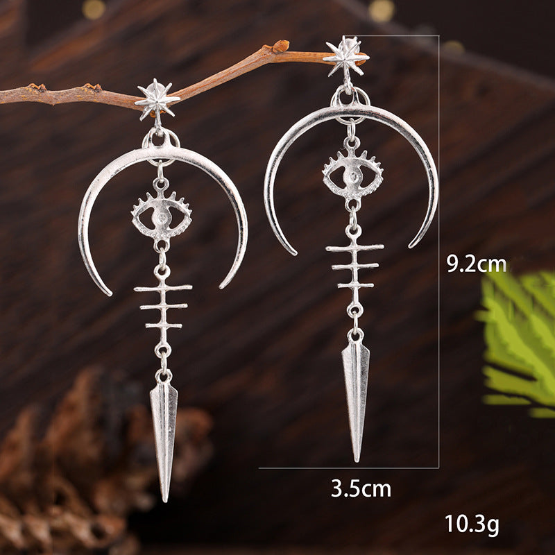 Gothic Devil's Eye Punk Earrings Halloween Accessories Ancient Silver Moon Metal Long Earrings Cross-Border