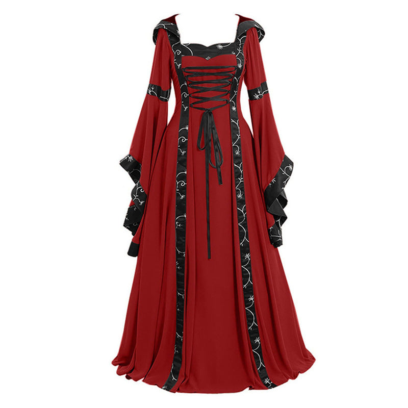 Large Size Halloween European and American Popular Women's Medieval Vintage Hooded Dress Square Collar Trumpet Sleeve Large Dress