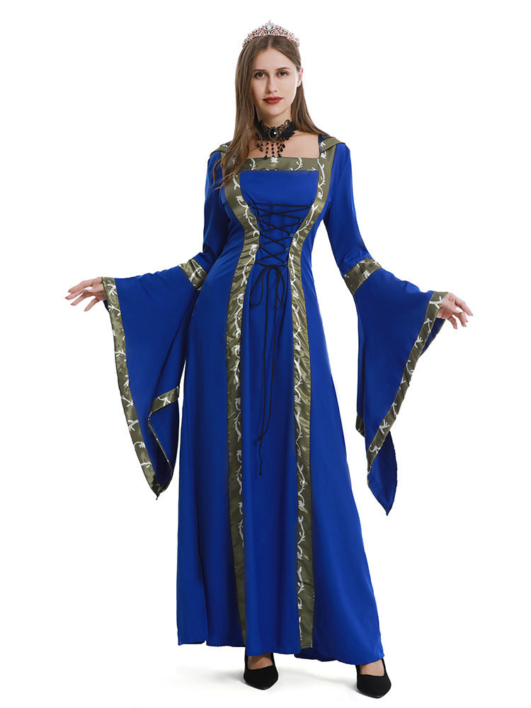 5XL Castle Queen Halloween Retro Medieval Hooded Dress Square Neck Lace-Up Swing Skirt Stage Performance