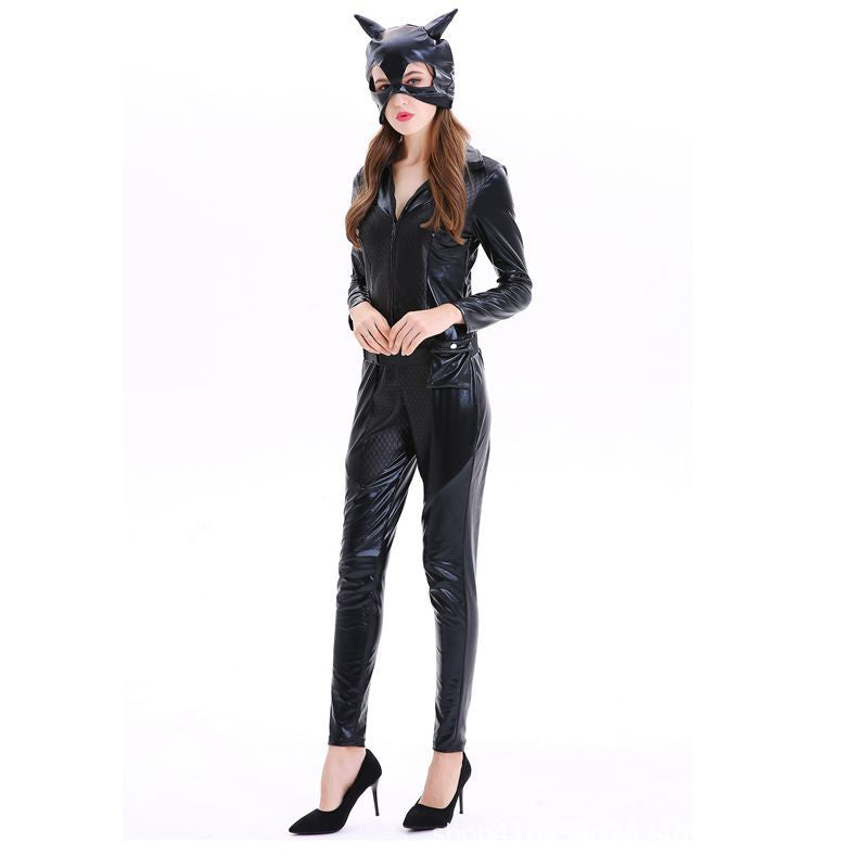 One-Piece Catwoman Halloween Party Patent Leather Catwoman Nightclub Cosplay Costume Black Tight Game Suit