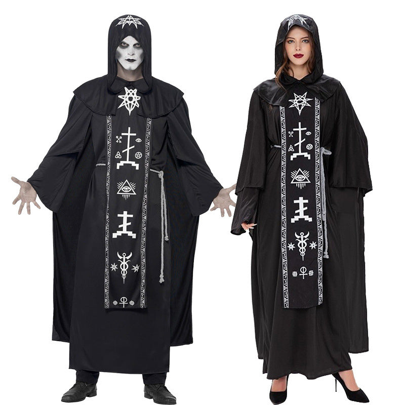 Halloween Evil Vampire Male and Female Wizard Black Robe Mage Dark Hell Devil Couple Costume