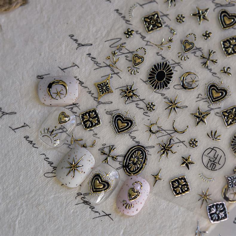 Metal Star and Moon Nail Art Stickers Embossed New 3D Stereo Popular Ins Gold and Silver Punk Nail Sticker Decorations