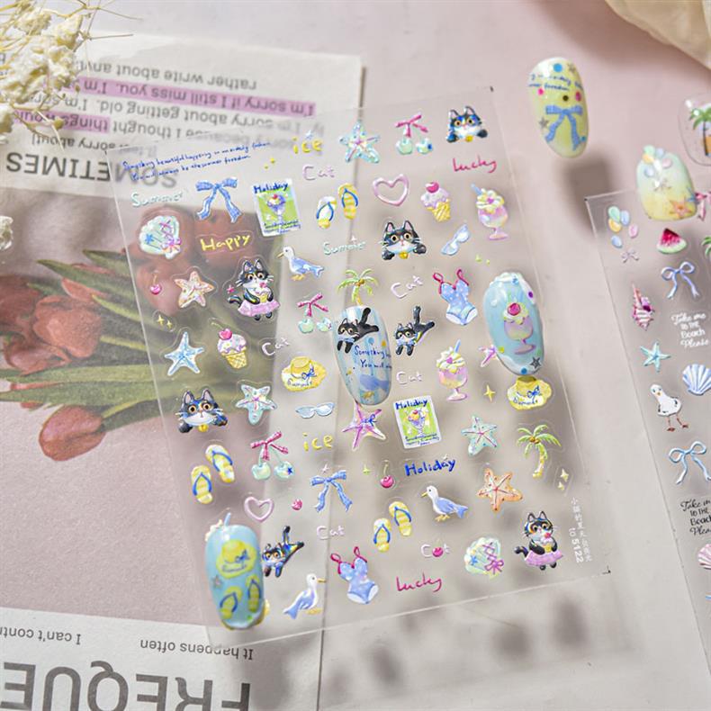 Kitten's Summer Nail Art Stickers Embossed New 3D Ins Fresh Ocean Cute Pet Nail Stickers Decoration