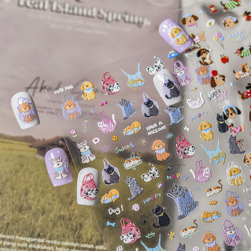 Happy Cute Pet Cat and Puppy Nail Art Stickers Embossed New 3D Stereo 5D Cute Nail Sticker Decorations