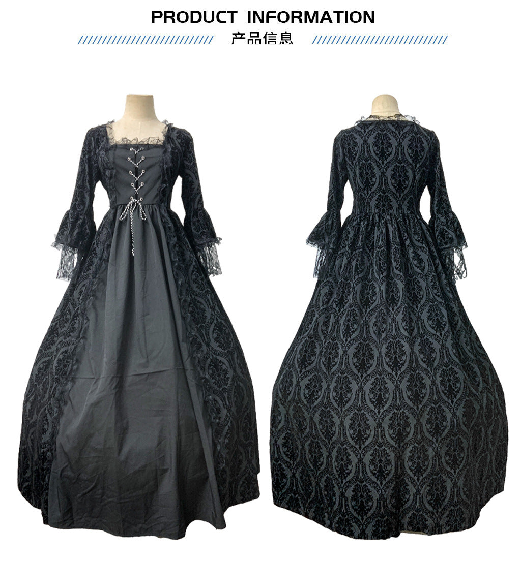 Cross-border foreign trade Halloween Victorian court dress women's long dress lace stitching bell sleeve dress women