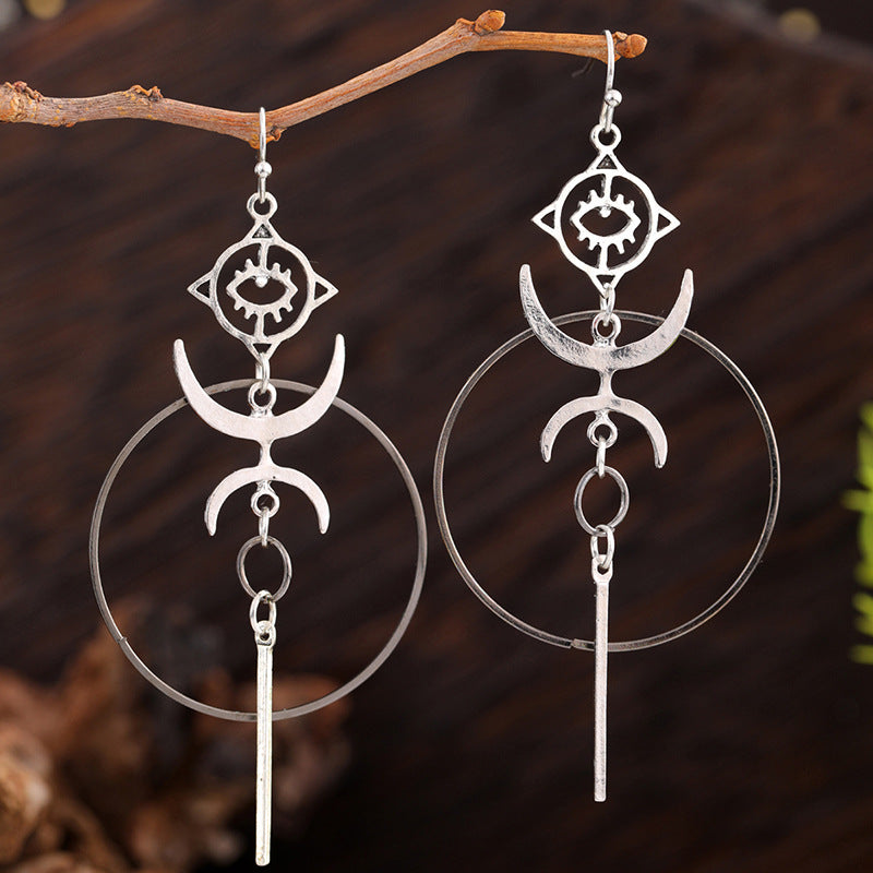 Gothic Devil's Eye Punk Earrings Halloween Accessories Ancient Silver Moon Metal Long Earrings Cross-Border