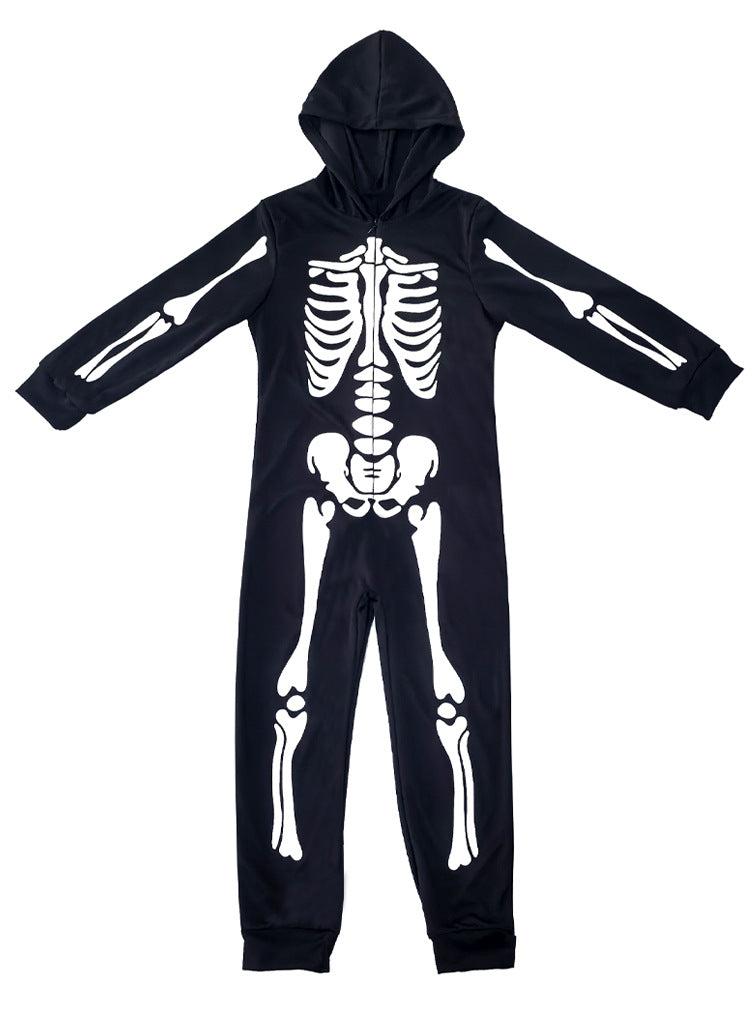 Cross-border Halloween Children's Costume Skull Skeleton White Luminous Ghost Costume Playing One-piece Hooded Costume Costume