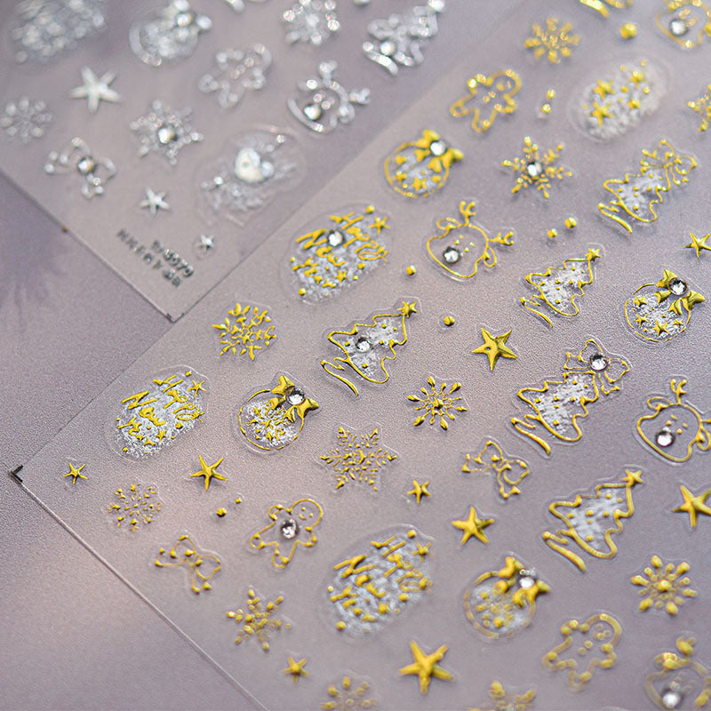 Gold Foil Christmas Tree Nail Stickers New Embossed Ins 3D Internet Celebrity 3D Snowflake Nail Stickers Decoration