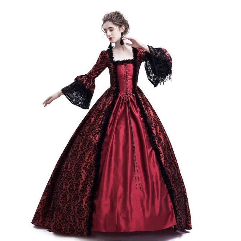 Cross-border foreign trade Halloween Victorian court dress women's long dress lace stitching bell sleeve dress women