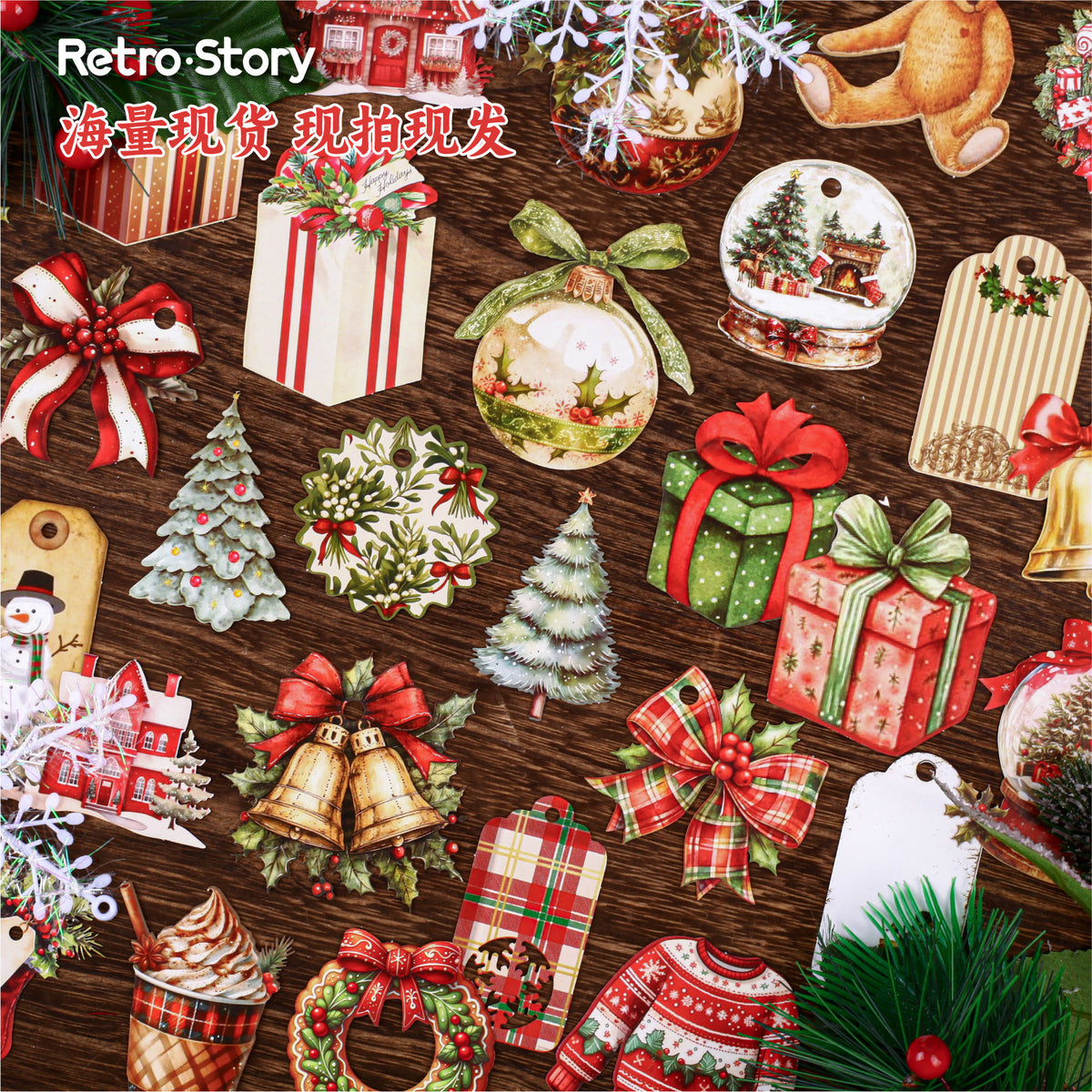 Retrostory Winter Story Collection Series Christmas Decoration Sticker Pack Creative Holiday Bow Bottoming Handbook Sticker