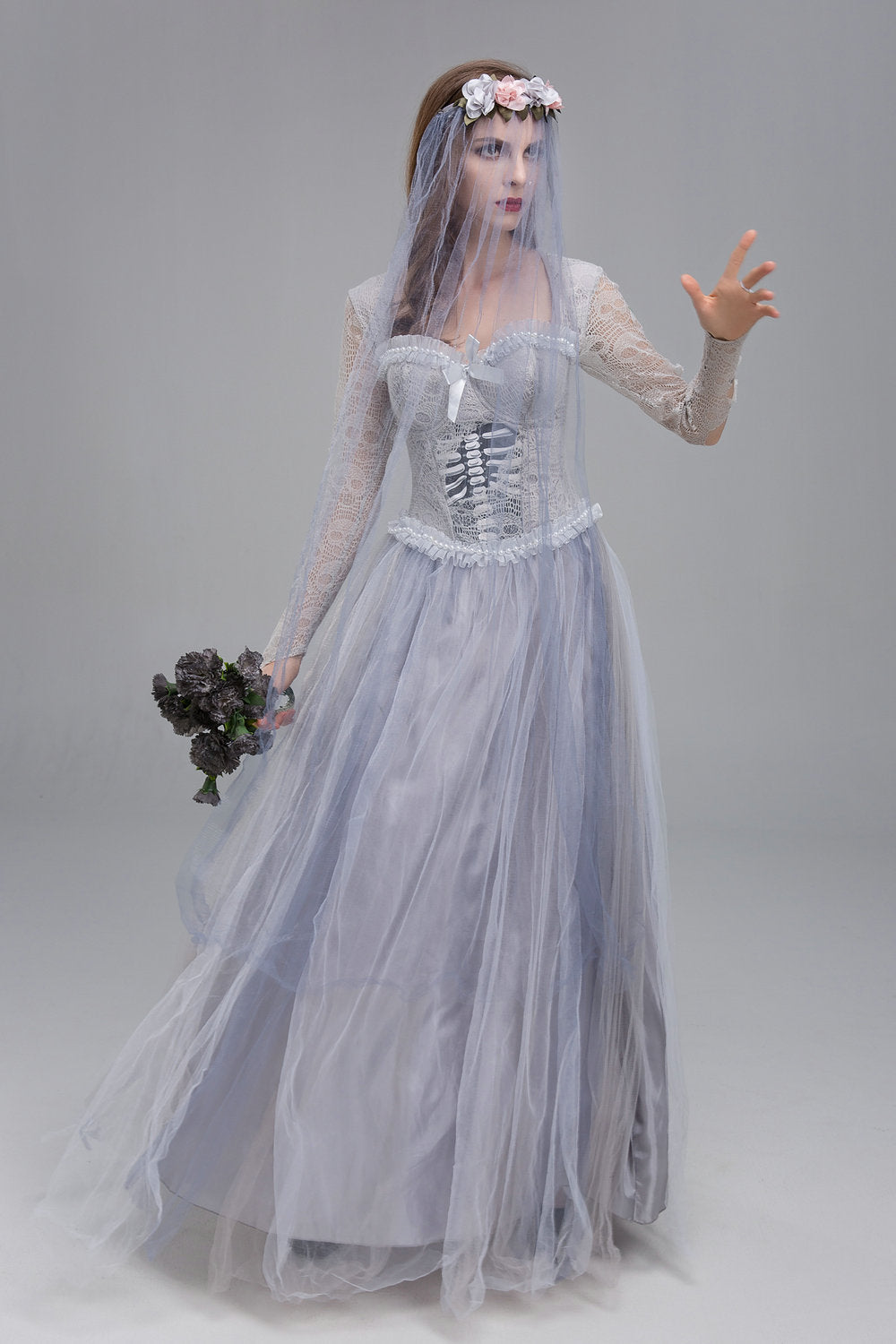 Foreign Trade Halloween Horror Gray Skeleton Ghost Bride Dress Ghost Zombie Costume for Masquerade Performance
