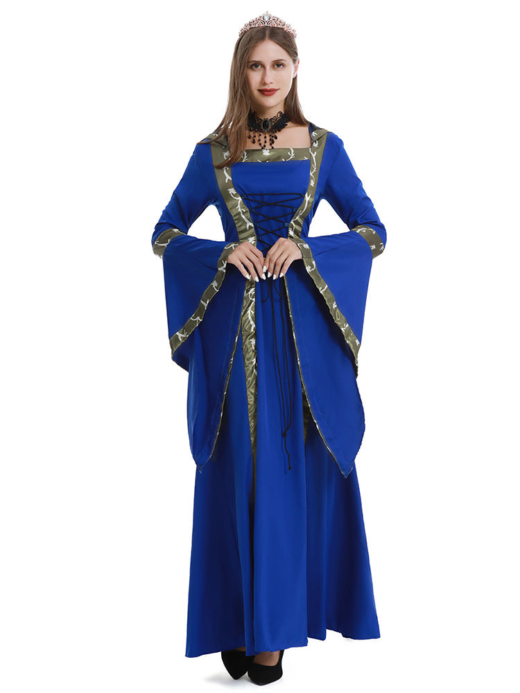 European and American Halloween Retro Medieval Hooded Dress Square Collar Lace-up Trumpet Sleeve Large Dress Stage Performance Dress
