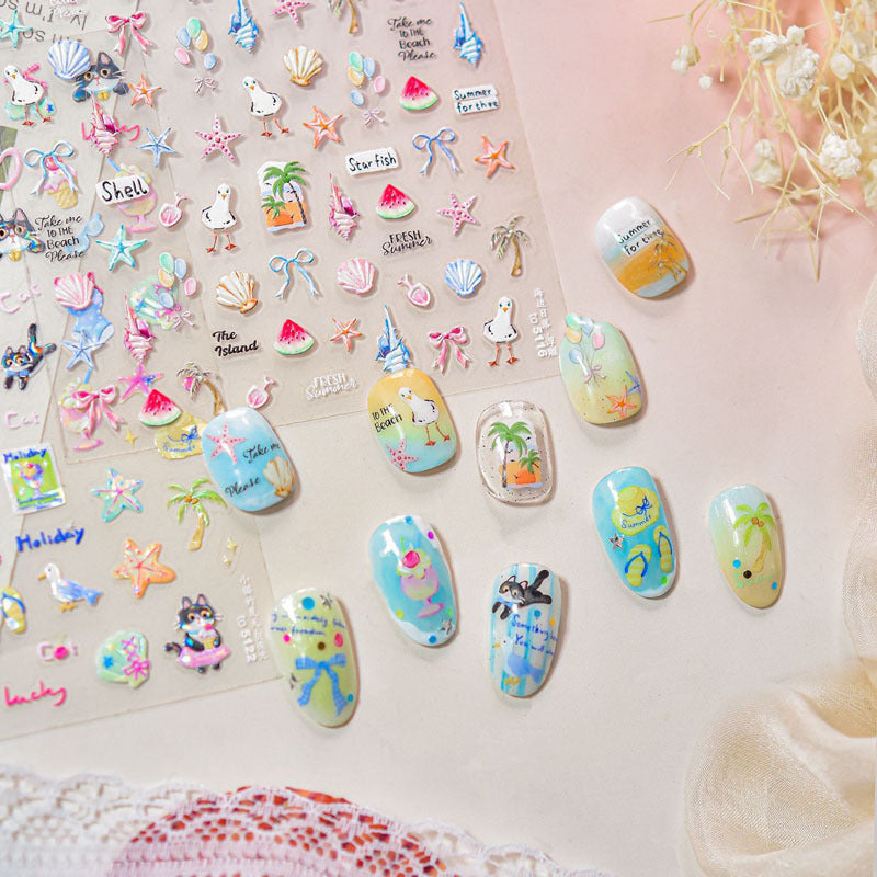 Kitten's Summer Nail Art Stickers Embossed New 3D Ins Fresh Ocean Cute Pet Nail Stickers Decoration
