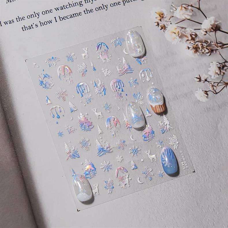 Fantasy Christmas Nail Art Stickers Tomoni Embossed Adhesive Popular Ins Colorful Snowflake Nail Sticker Decorations