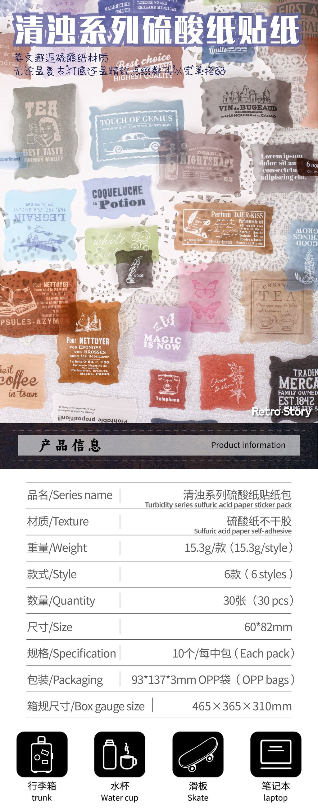 Retrostory Clear and Turbid Series Sulfuric Acid Creative Landscaping Decorative Sticker Material Pack Base Collage Journal Stickers