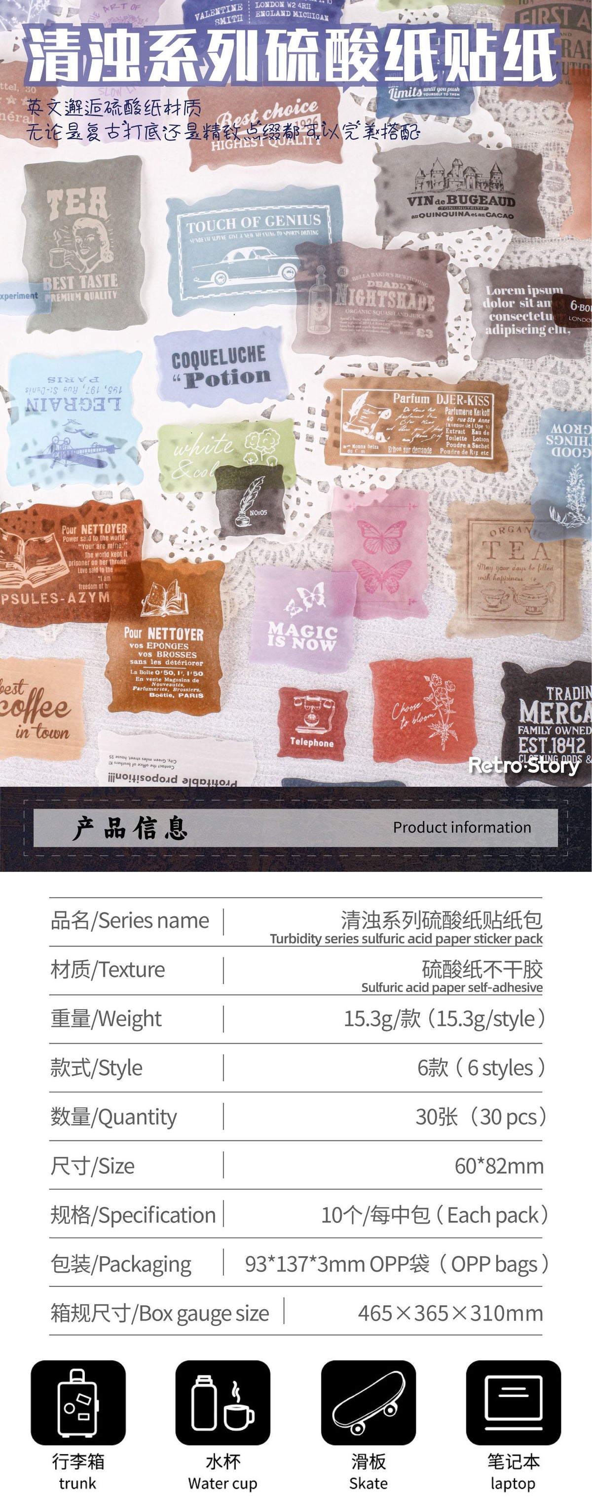 Retrostory Clear and Turbid Series Sulfuric Acid Creative Landscaping Decorative Sticker Material Pack Base Collage Journal Stickers