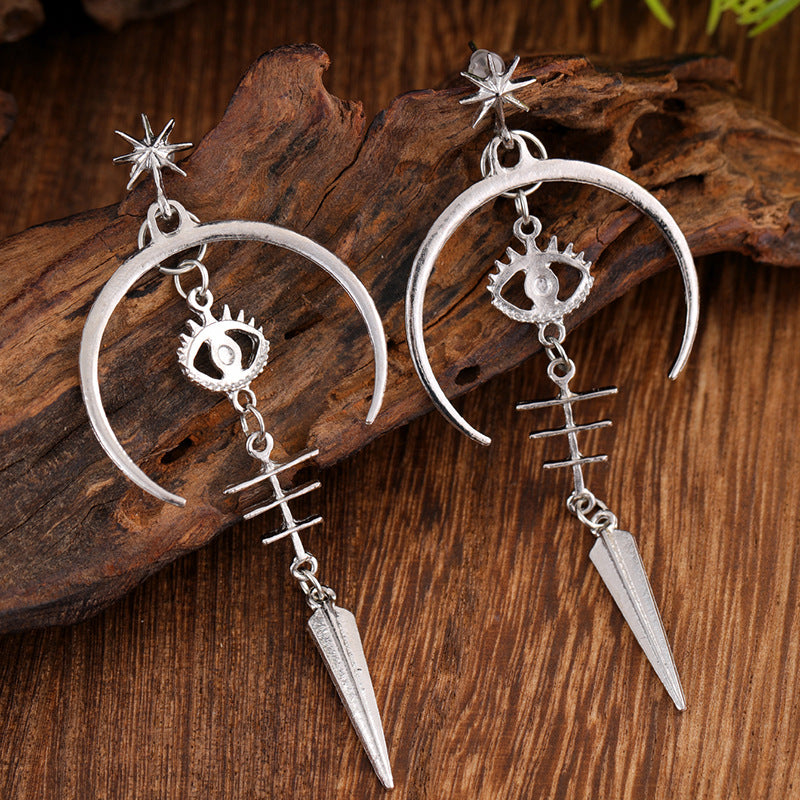 Gothic Devil's Eye Punk Earrings Halloween Accessories Ancient Silver Moon Metal Long Earrings Cross-Border