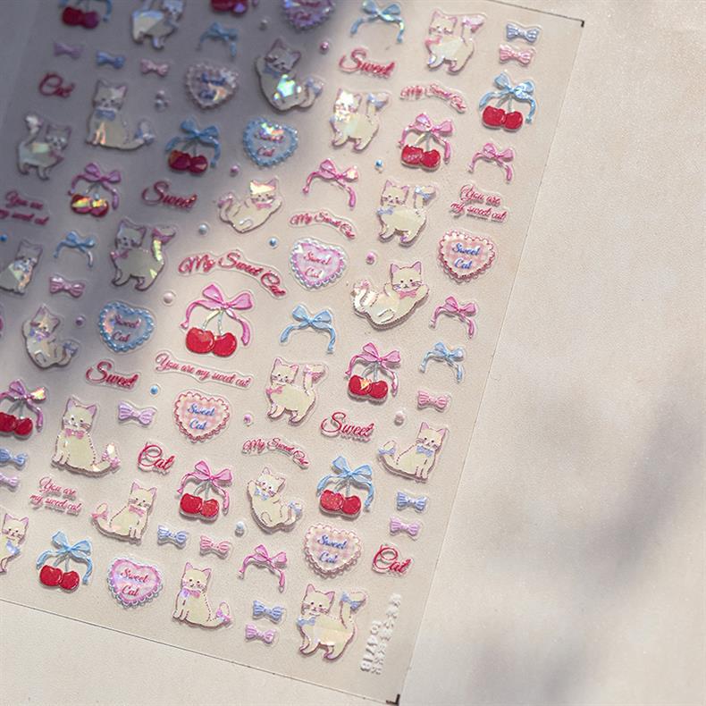 Cherry Kitten Nail Art Stickers New Embossed 5D Stereo Cute Bow Cute Pet Nail Sticker Decoration