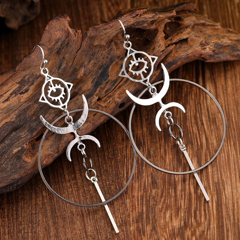 Gothic Devil's Eye Punk Earrings Halloween Accessories Ancient Silver Moon Metal Long Earrings Cross-Border