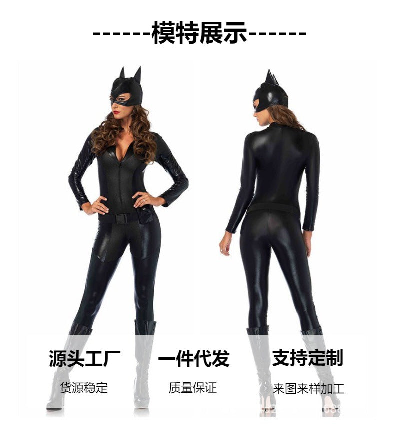 One-Piece Catwoman Halloween Party Patent Leather Catwoman Nightclub Cosplay Costume Black Tight Game Suit